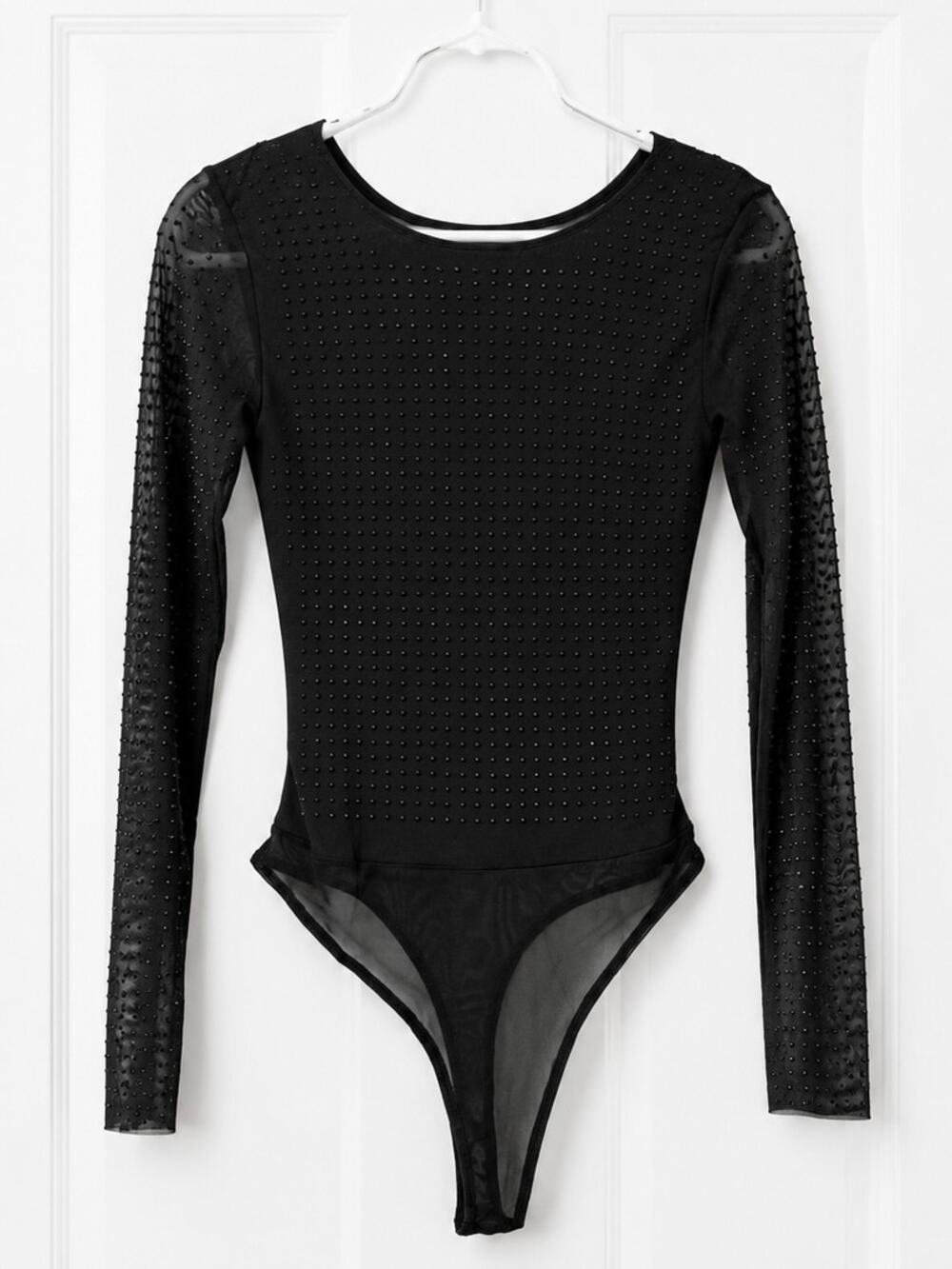 Forever 21 Black Rhinestone Sheer Mesh Long Sleeve Bodysuit XS NWT